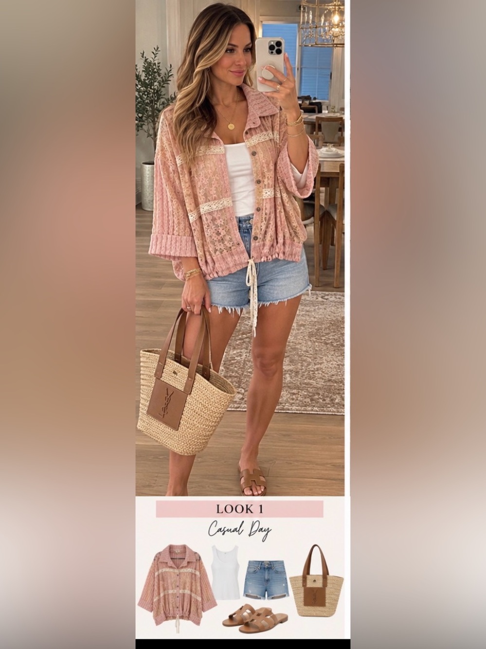 POL Pink Lace-Panel Button-Front Drawstring Top